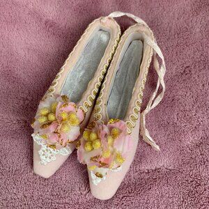 Pink Fabric Ballet Slippers Ornament with Rose & Lace Applique, and Ribbon-Trim